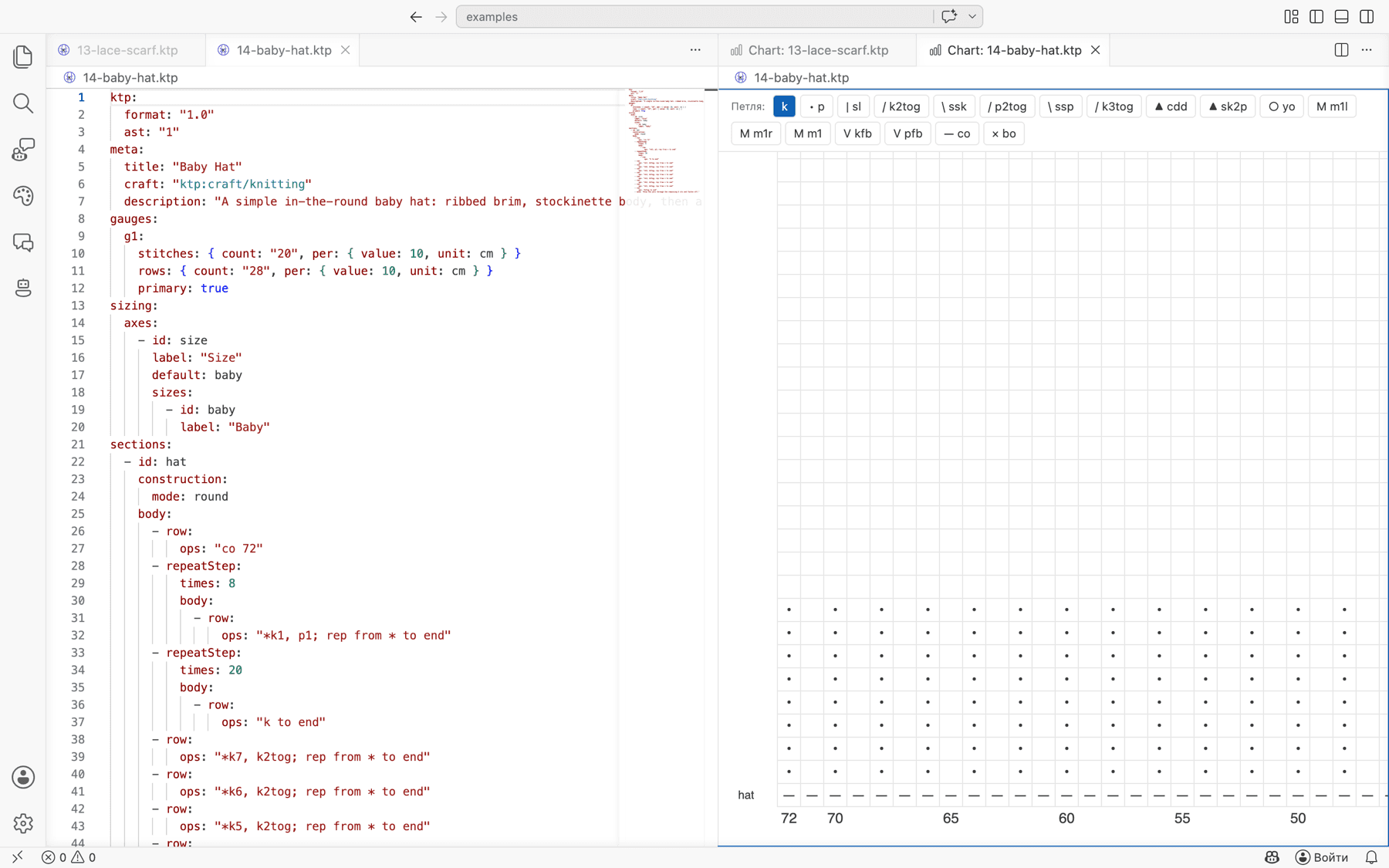 KNITSTECH Studio: a baby hat pattern in the editor and its stitch chart beside it